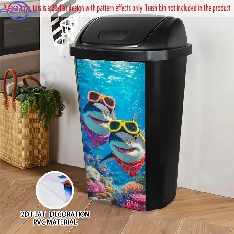 1pc 2D/FLAT Self-Adhesive Dustbin Stickers, .01× cm, Sharks with Goggles and Bandanas Pattern Dustbin Stickers, Suitable for D