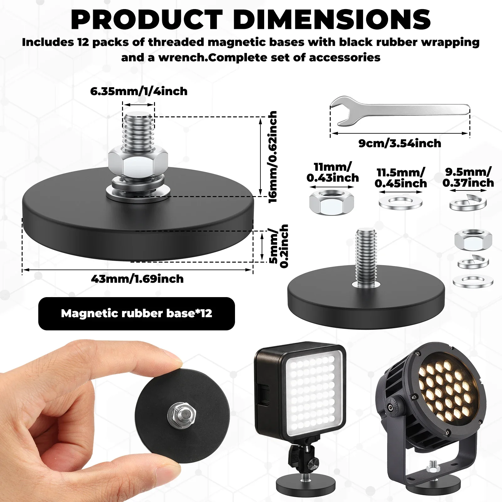 12Pcs 1/4 Magnetic Mount Base Rubber Coated Pot Magnet 30lbs HeavyDuty Anti Scratch Holding Stud for Offroad LED Light BarCamera