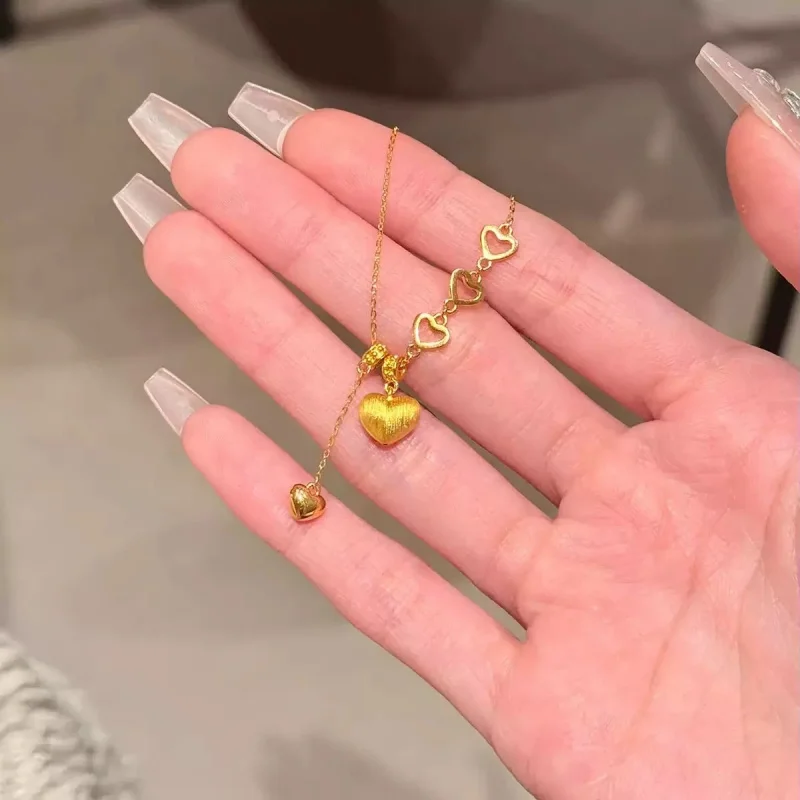 999 Gold Brushed Hollow Heart Tassel Pendant Necklace Light Luxury Niche Elegant NeoChinese Choker Women