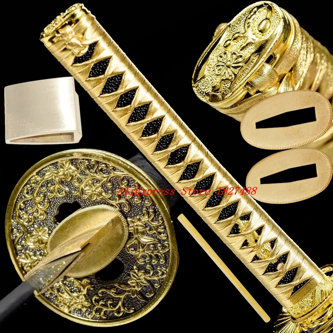 

Golden ito Handle Hilt Katana Tsuka Japanese Samurai Sword Metal Fittings Set Alloy Tsuba Fuchi Kashira Menuki Habaki Seppa