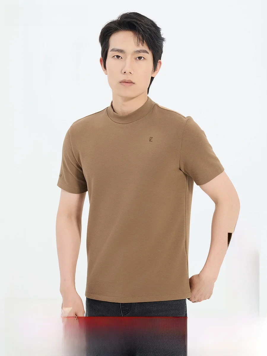 Double Heating Modal Short Sleeve T-Shirt Men's Half High Collar Winter New Style Casual Fashion Urban Daily Wear Top