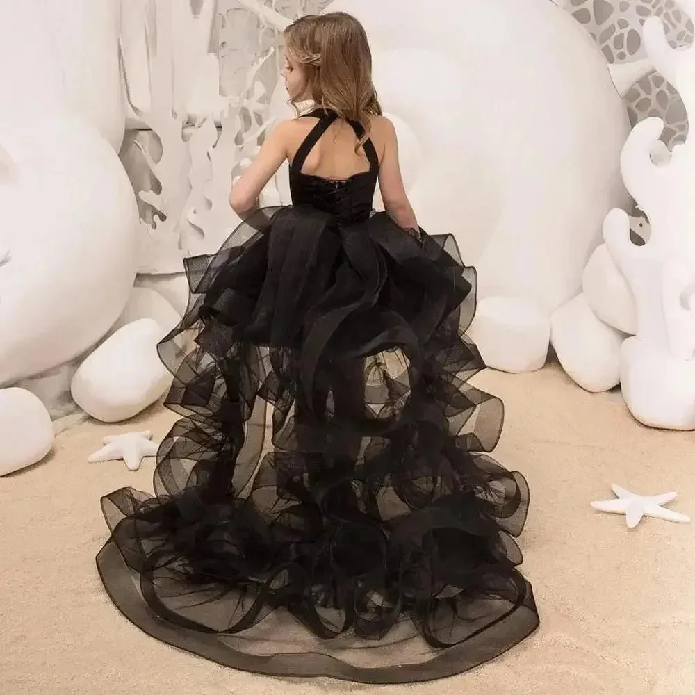 Hochwertiges schwarzes Tüll-Blumenmädchenkleid mit Neckholder für Prinzessinnen, Hochzeiten, Geburtstagsfeiern, Festspiele und Abendbälle, nach Maß – Detail 3