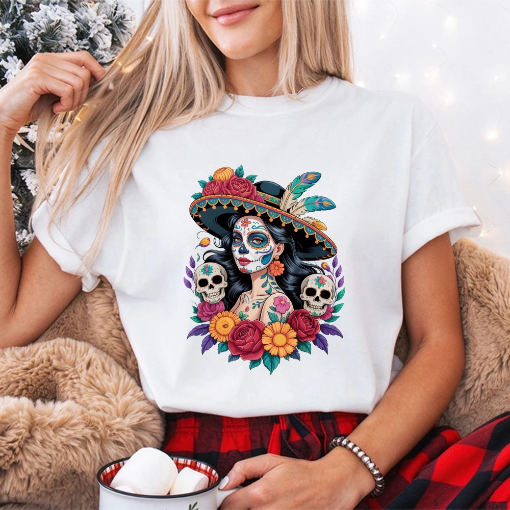 Floral Sugar Skull Woman Tshirt Dia de los Muertos Y2k Streetwear Tee Floral Skull Cotton T Shirt Mexican Festival Casual Tops