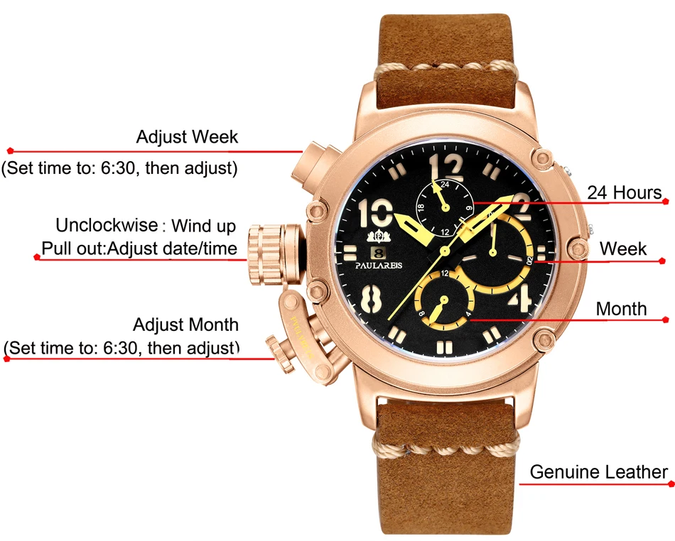 Automatic Self Wind Mechanical Genuine Brown Leather Multifunction Date Boat Month Luminous Limited Rose Gold Bronze U Men Watch