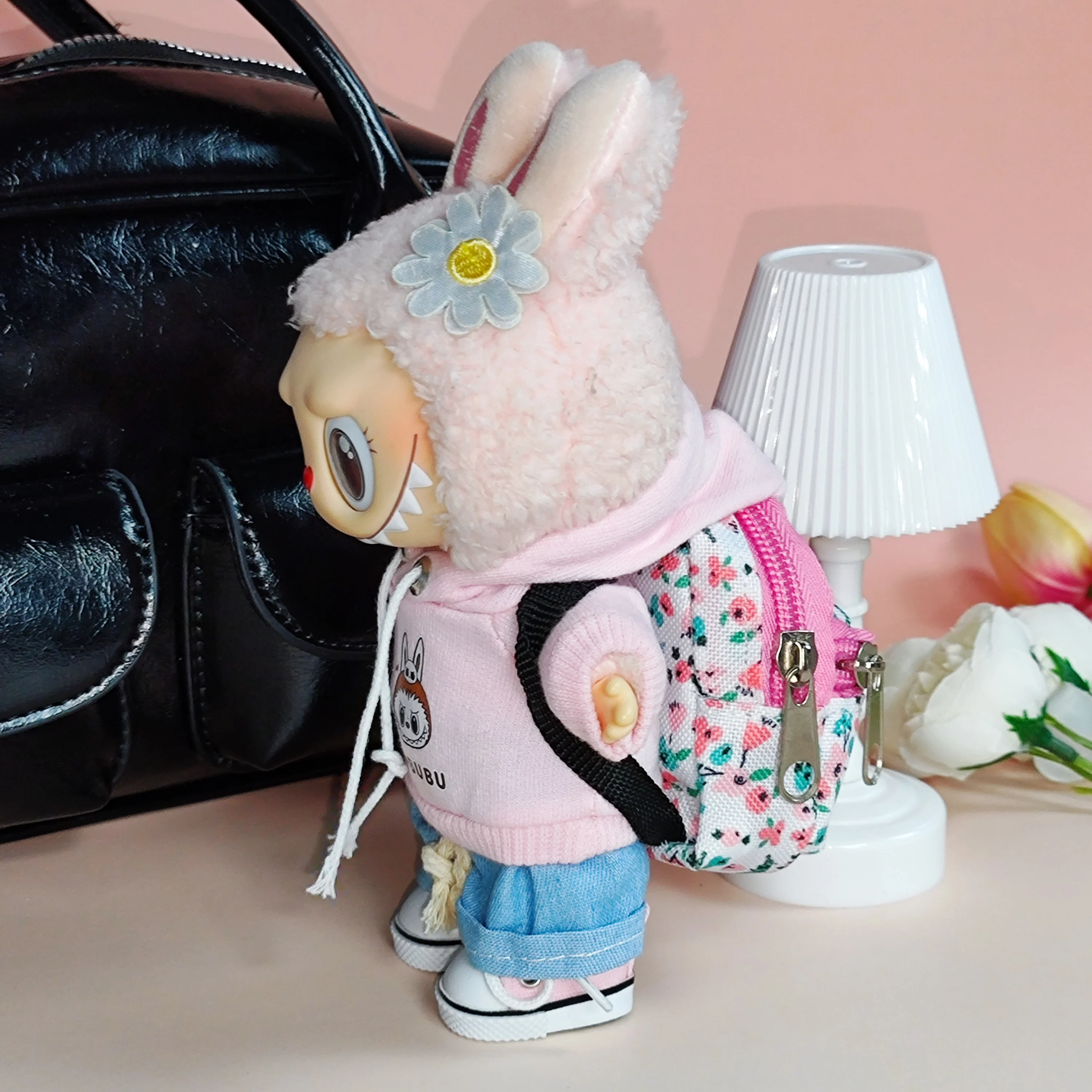 【Outfit Only】17cm Labubu Vinyl Keychain Outfit - Printed Hoodie Set with Accessories (Kawaii Style)