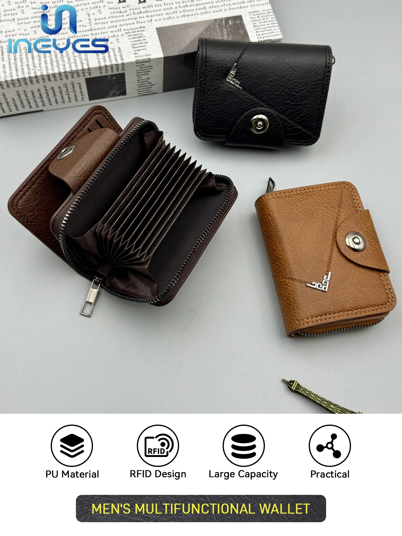 Men RFID Blocking PU Leather Short Wallet Multi‑Card Slots Zipper Snap Button Large Capacity Purse Gift for Men Father Boyfriend