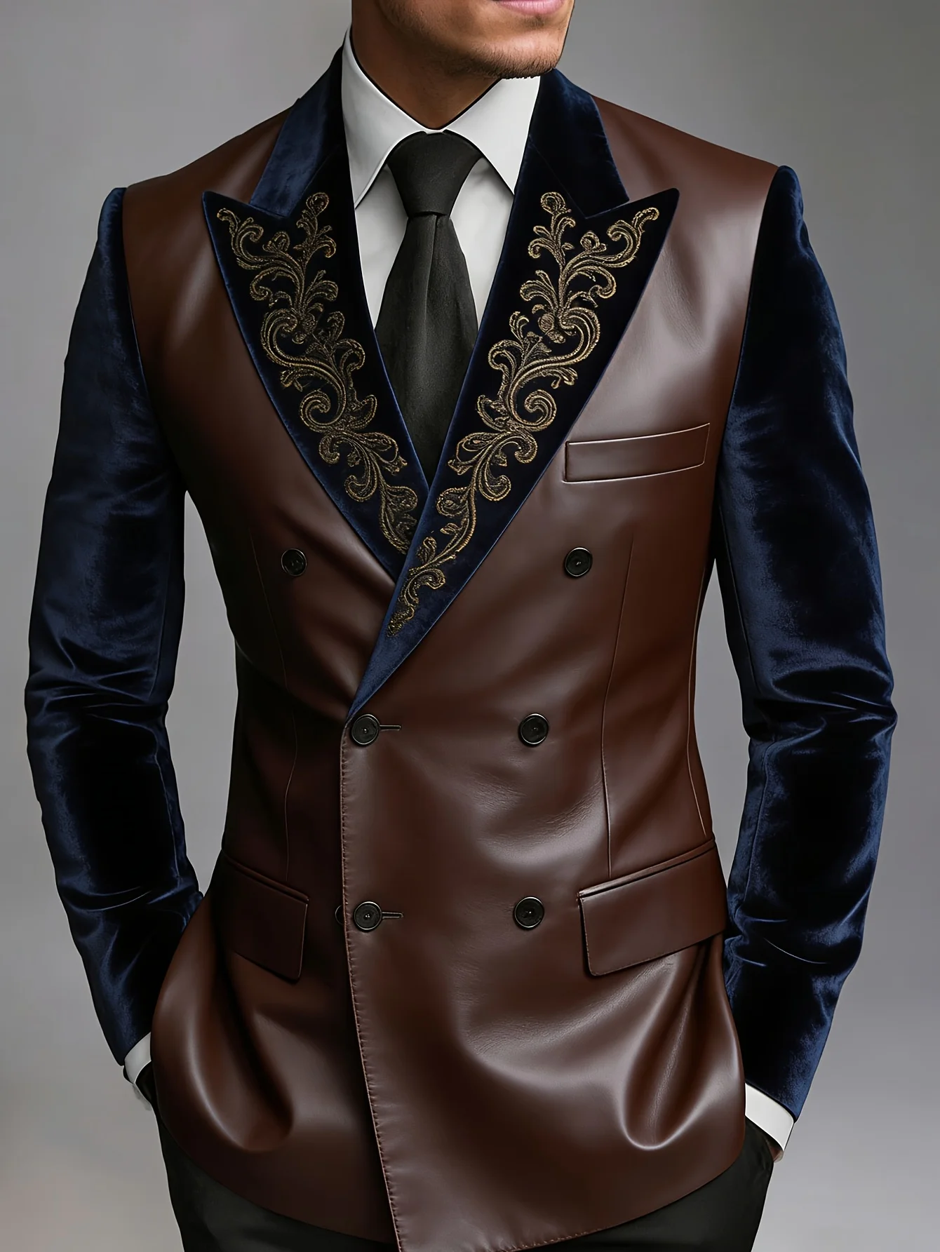 Men Brown Faux Leather Double Breasted Blazer Navy Velvet Sleeve Gold Embroidery Lapel Slim Fit Wedding Stage Groom Formal Tuxed