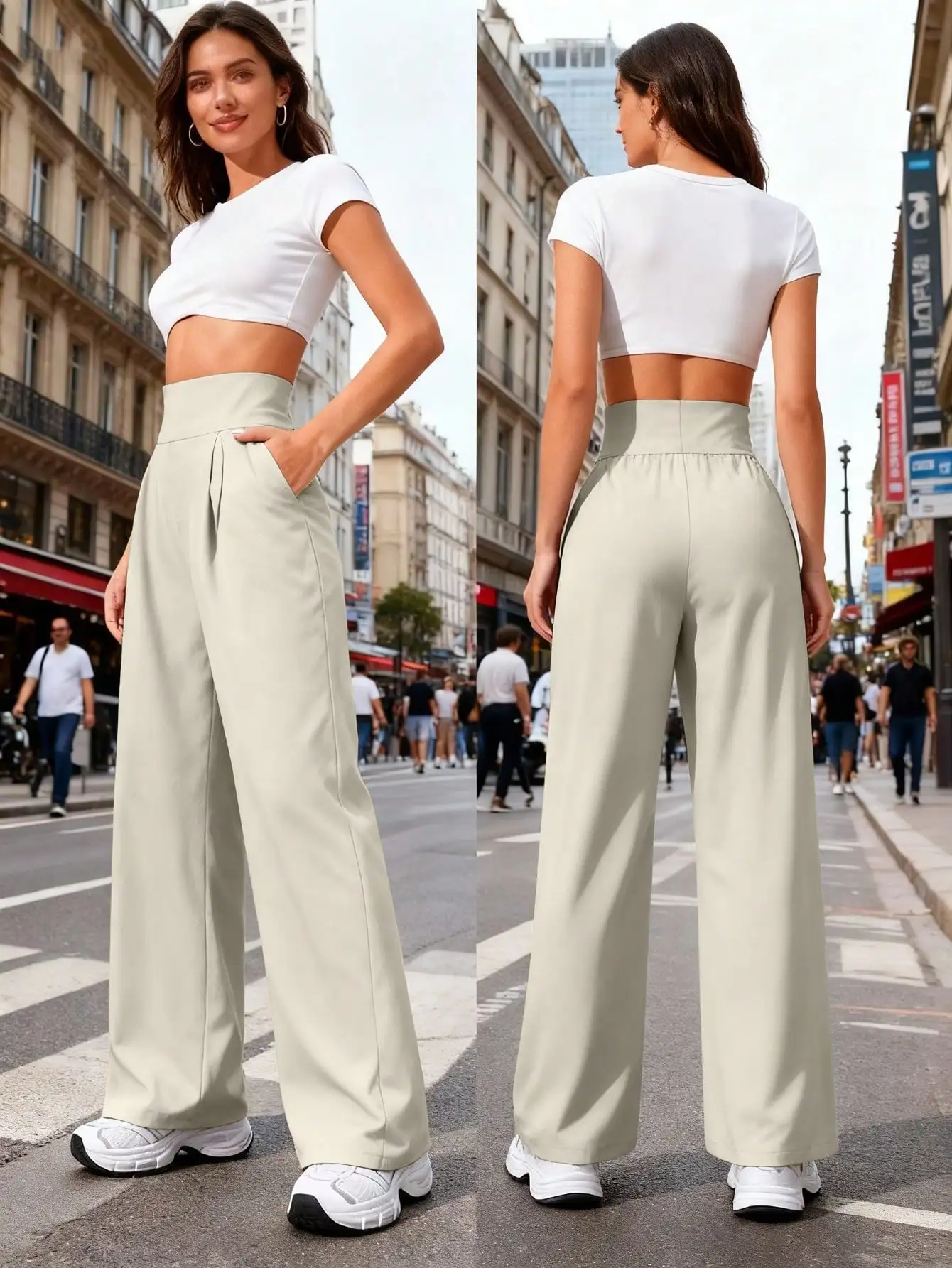 

Женские брюки с высокой талией, свободного кроя, с широкими штанинами и боковыми карманами, повседневные, однотонные.