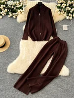 SINGREINY Women Thick Sweater Suits 2024 Zipper Design Loose Pullovers+Elastic Wide Legs Fashion Warm Knitted Two Pieces Sets - Image 5