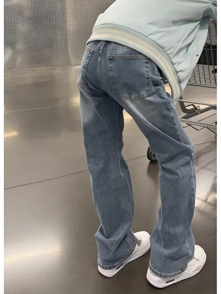 American High Street Vibe Light Blue Men's Straight Leg Jeans Trendy Versatile CleanFit Micro Flare Pants Cotton Polyester Blend