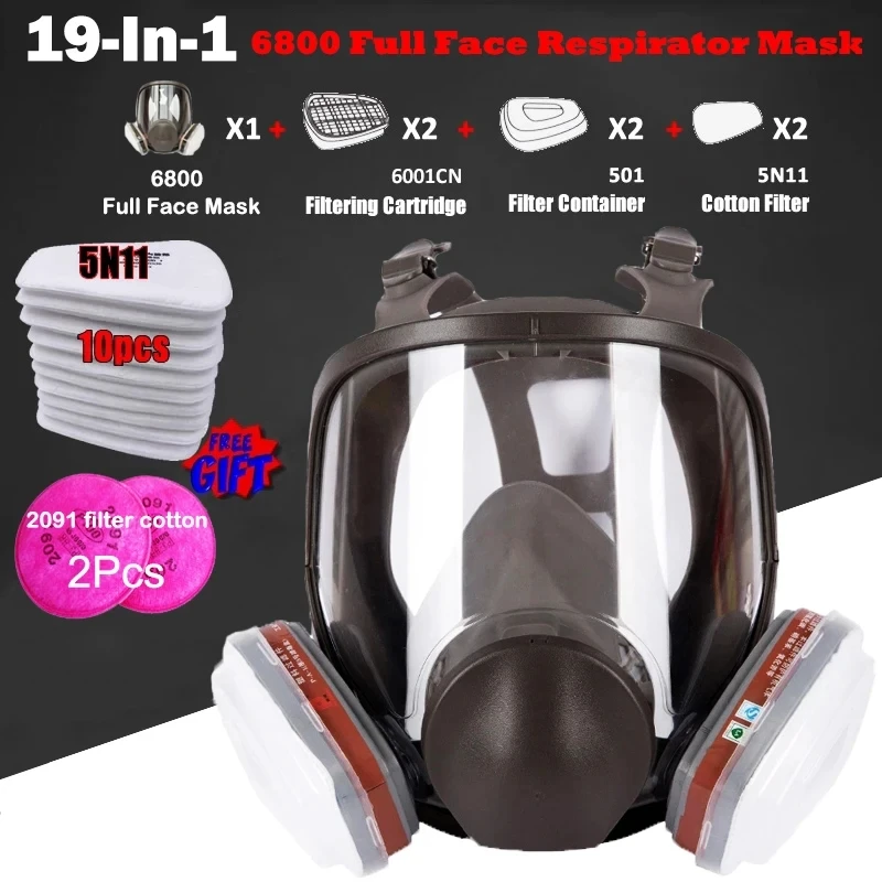 

19-In-1 Silica Gel Dust Mask Dual Filtering Cartridge Full Face 6800 Gas Respirator For Painting Spraying Polishing Work Safety