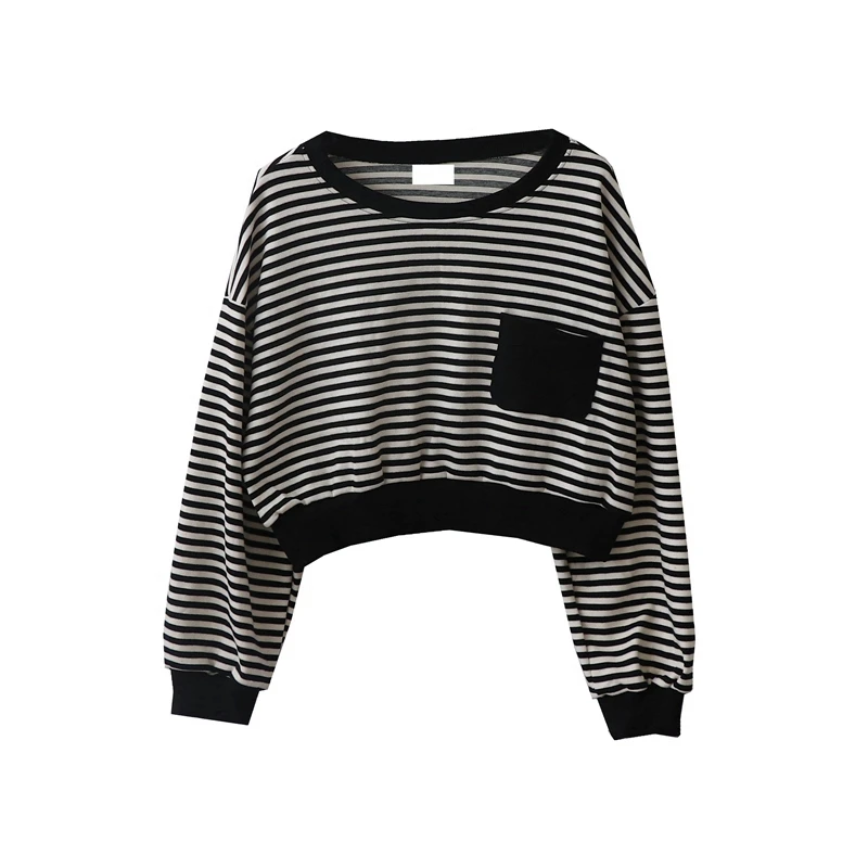 

Autumn New American Retro Style High Waisted Short Sweatshirts Women's O-neck Long-sleeved Loose Slim Striped Pullovers Tops