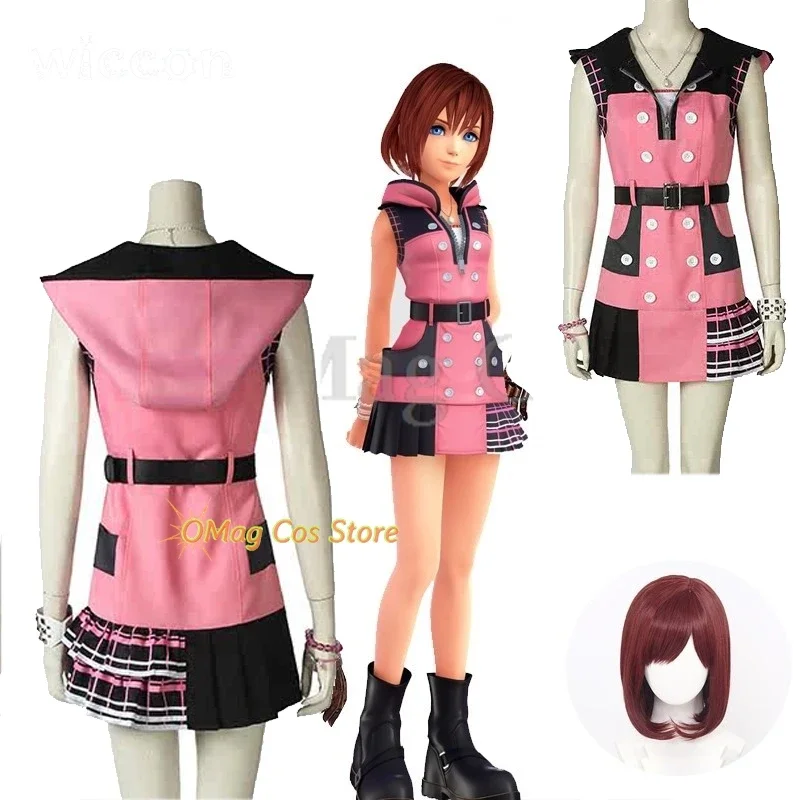 Kingdom Kairi Hearts Cosplay Costume Wig Game Kingudamu Hatsu Halloween Women Uniform Pink Outfit Dress Girls Clothes Roleplay