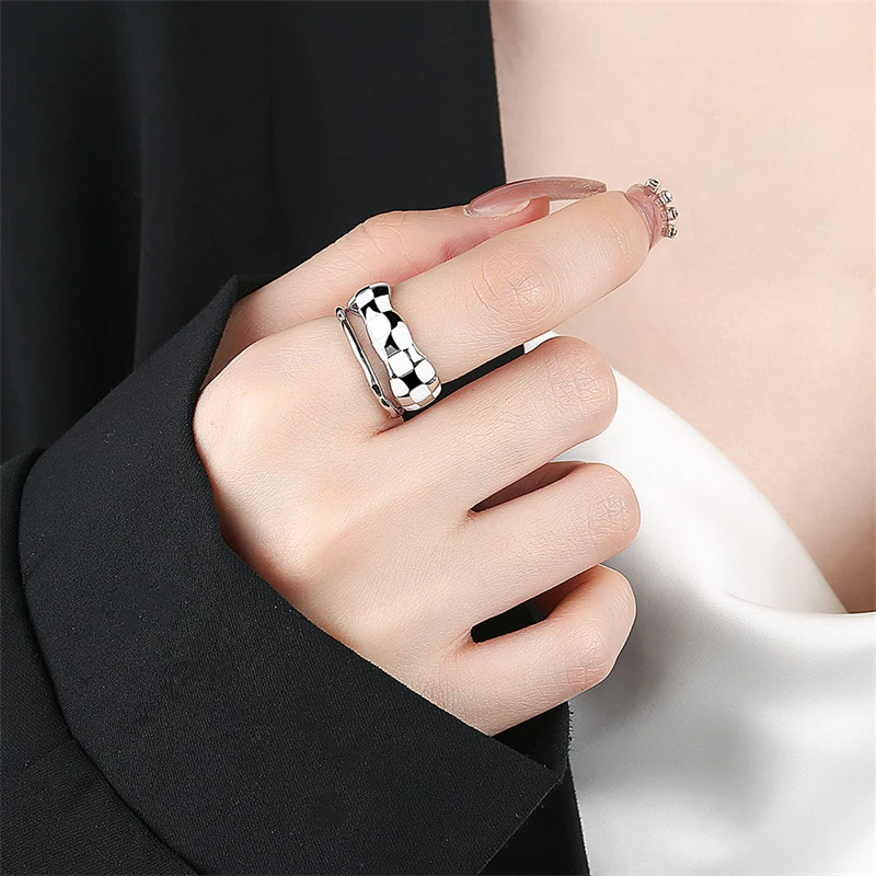 WYEAIIR 925 Sterling Silver INS Double-layer Black White Checker Board Resizable Opening Ring For Women Luxury Jewelry