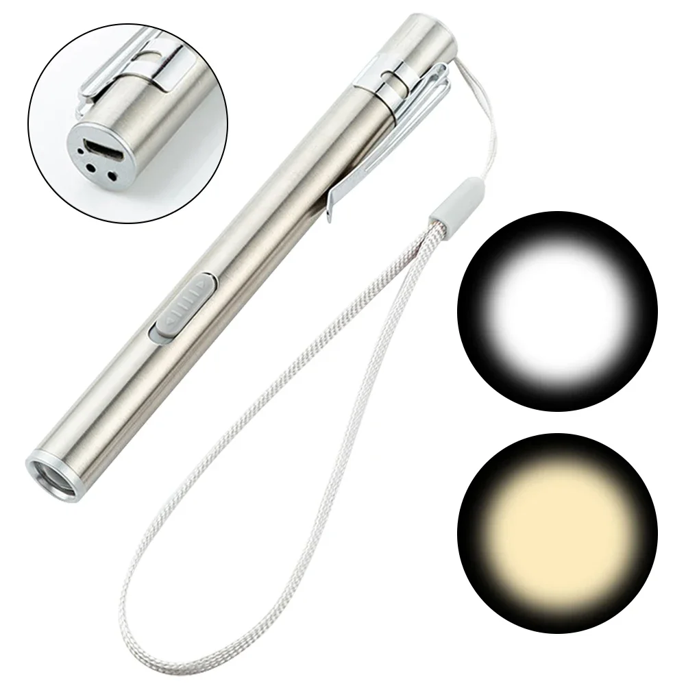 Portátil Mini Usb Lanterna Recarregável Branco e Quente Luz Tocha Caneta de Enfermagem Bolso para Camping Médicos Aço Inoxidável