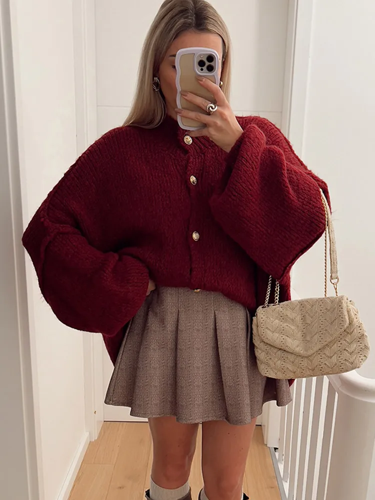 Casual Burgundy Red Oversized Knitted Cardigan For Women Elegant Lantern Sleeve Single Breasted Sweater Autumn Lady New Knitwear