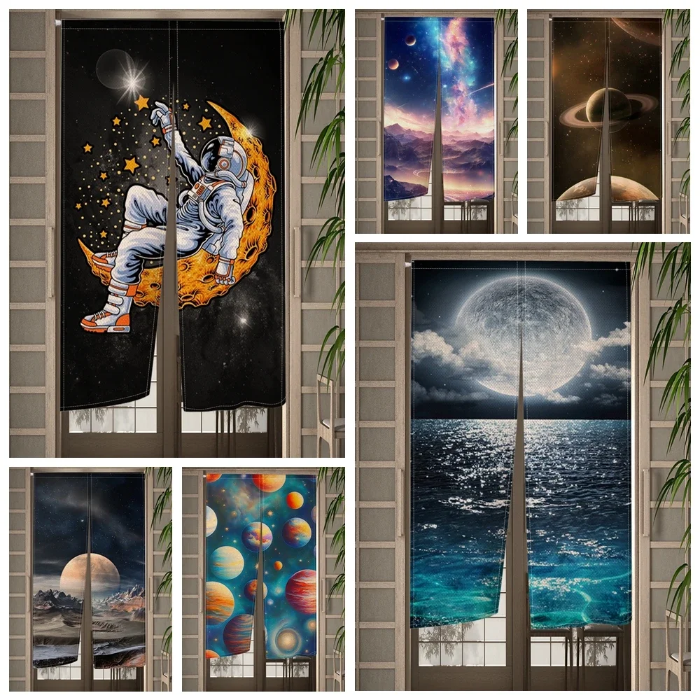 Moon Night Astronaut Japanese Door Curtain Universe Starry Sky Kitchen Bedroom Doorway Curtains Entrance Hanging Half-Curtain