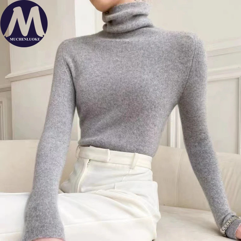 Sweter damski jesień zima nowy elegancki długi rękaw wysoki kołnierz dzianinowy sweter modny dopasowany obcisły sweter
