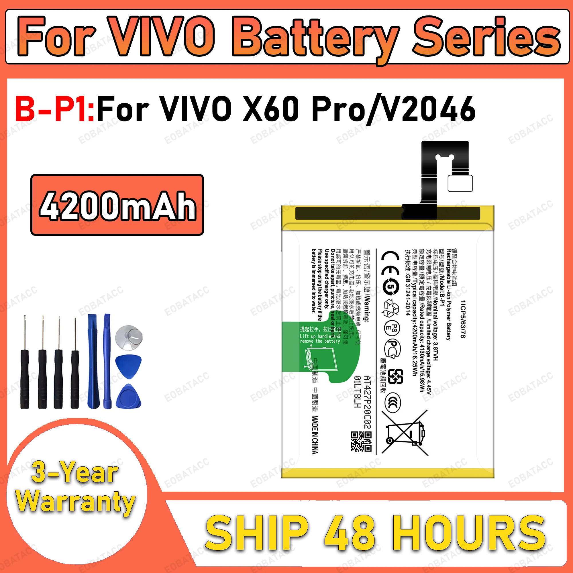 4200mAh 100% New B-P1 Battery For VIVO X60 Pro/V2046 Replacement Bateria+Free Tools
