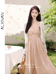 ALXNAN Sexy Elegant Knot Front Long Dress for Women 2024 Summer New Frenchy Smoked Back Fitted Flared Slip Dress Female L35302