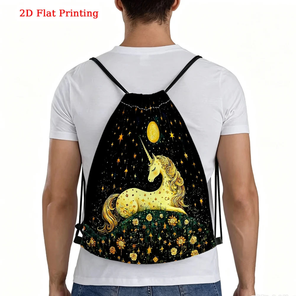 Fantasy Style Golden Unicorn And Moon Starry Sky Pattern Drawstring Backpack for Fitness Sports Outdoor Travel
