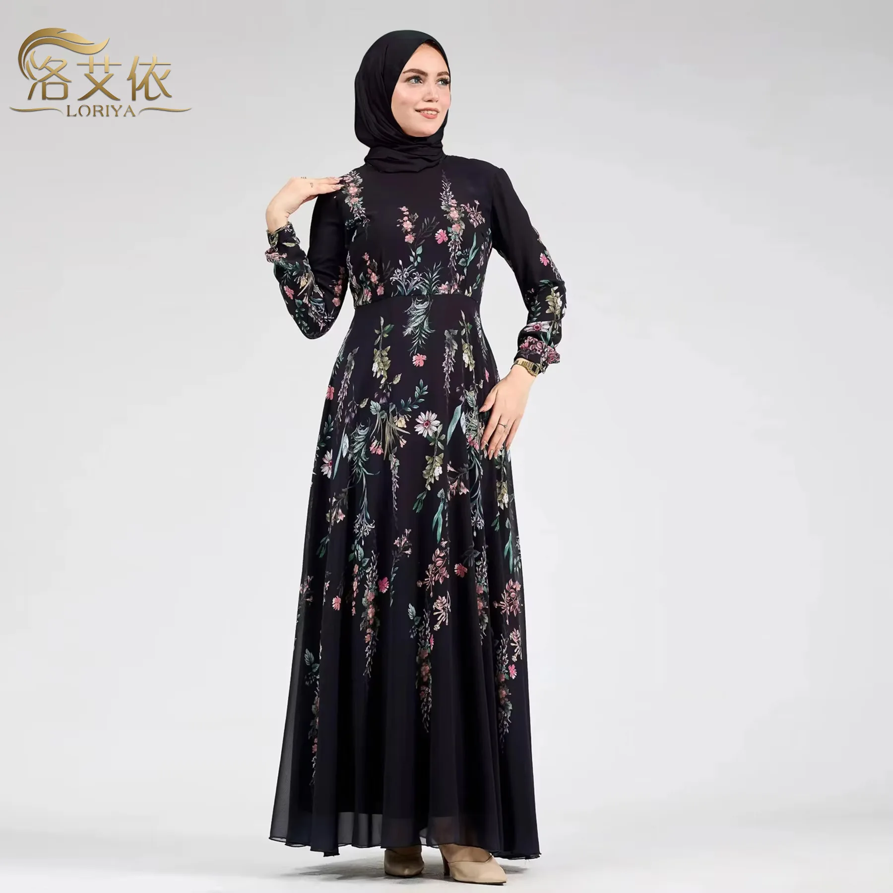 

Women's Printed Casual Trendy Simple Basic Daily Ankle Length Long Sleeve Chiffon Dress European American Fashion Female Clothes