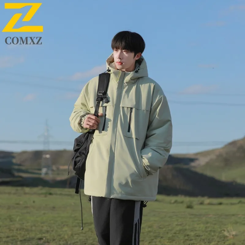 COMXZ 2025 Mens Womens Mountain Style Hooded Waterproof Color Block Winter Jacket Cotton-padded Outdoor Sports Lightweight Coat
