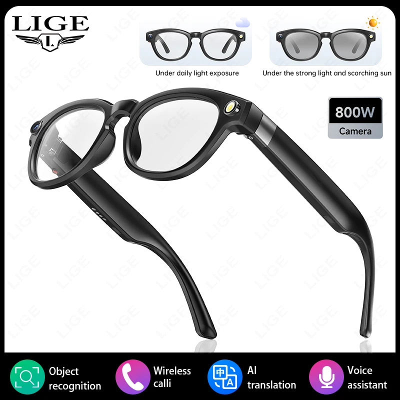 LIGE 4K 800W HD AI Camera Smart Glasses Video Record Bluetooth Call 290mAh Translate Voice Assistant Control Color-change Lenses