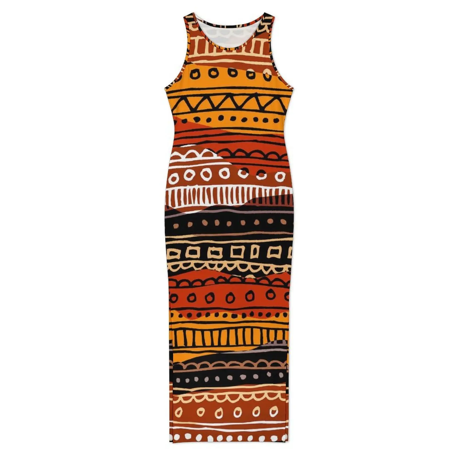 Brown Tribal Bodycon Dress Summer Vintage Print Modern Maxi Dresses Female Sleeveless Custom DIY Street Style Dress Large Size