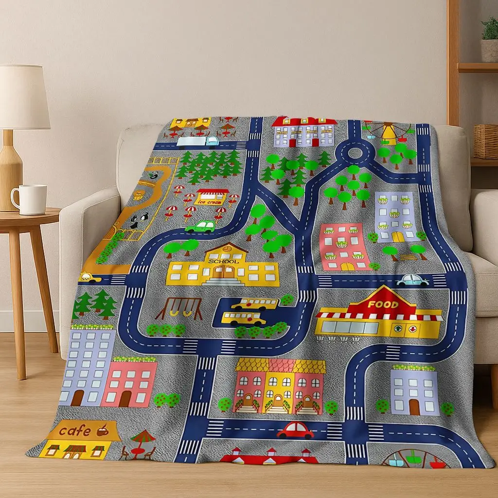Child Urban City Road Traffic Learning Game Flannel Blanket,Cozy Soft Throw Blanket for Home Bedroom Bed Sofa Cover Gift Kids