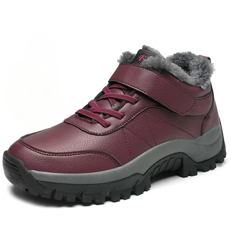 Women Leather Big Size Ankle Snow Boot Winter New Thick Sole Round Toe Non Slip Waterproof Plush Warm Velcro Outdoor Cotton Shoe