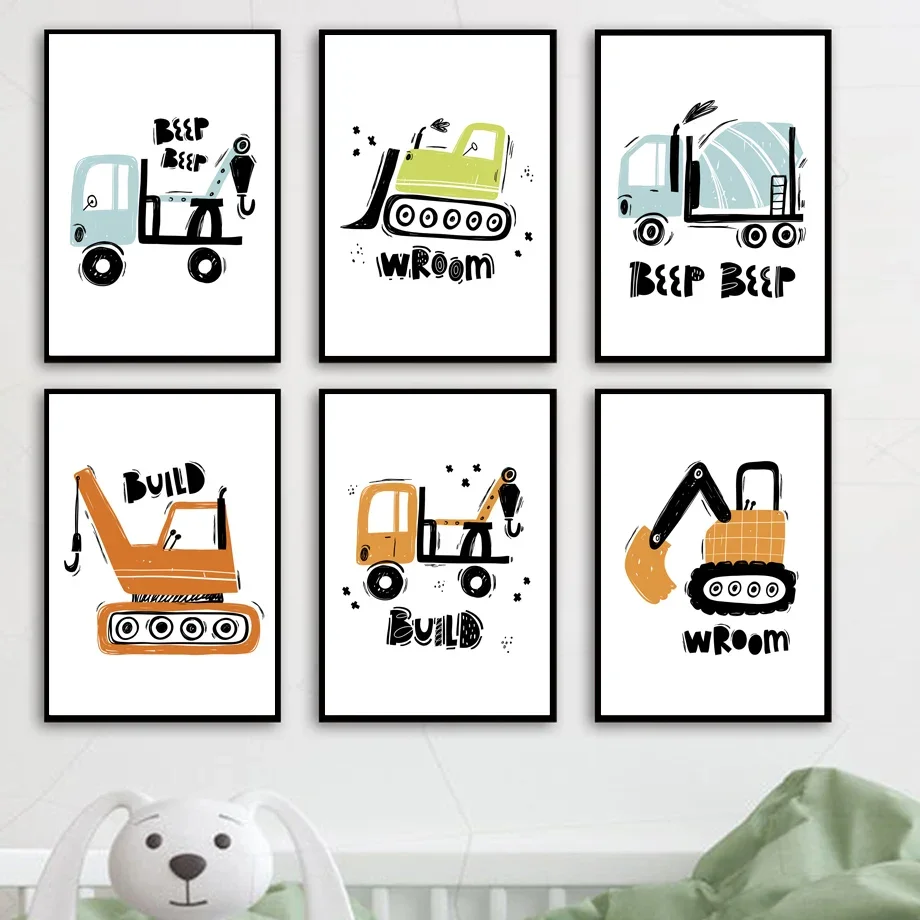

Nordic Cartoon Wall Art Canvas Funny Vehicle Design for Boys' Room Playroom Decor Baby Wall Pictures Kids Room Decor