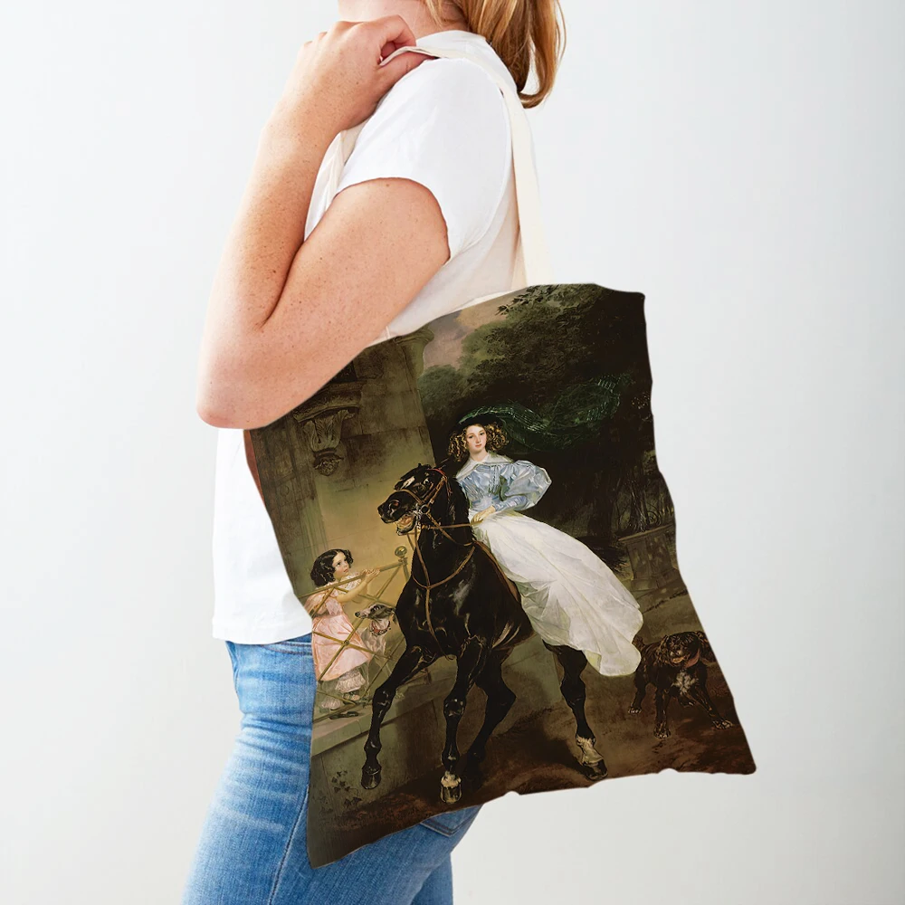 Retro Middle Oil Painting Woman Shopping Bags Vintage European Lady Tote Reusable Canvas Shopper Bag Girl Supermarket Handbag