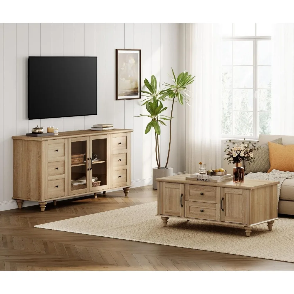 

Farmhouse TV Stand and Coffee Table Set of 2, Entertainment Center for 70 Inch TV, Modern Coffee Table with Storage Cabin