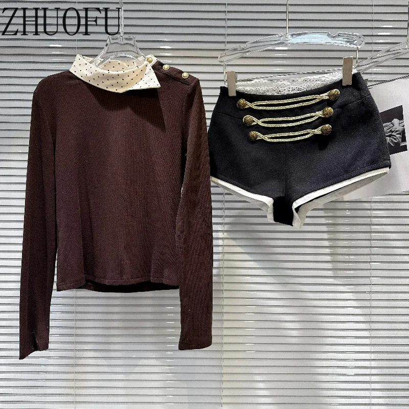 Retro Hot Girl Polka Dot Collar Long Sleeve Women's T-Shirt 2026 Autumn Fashion Sweet Cool Design Versatile Shorts Sets Ladies