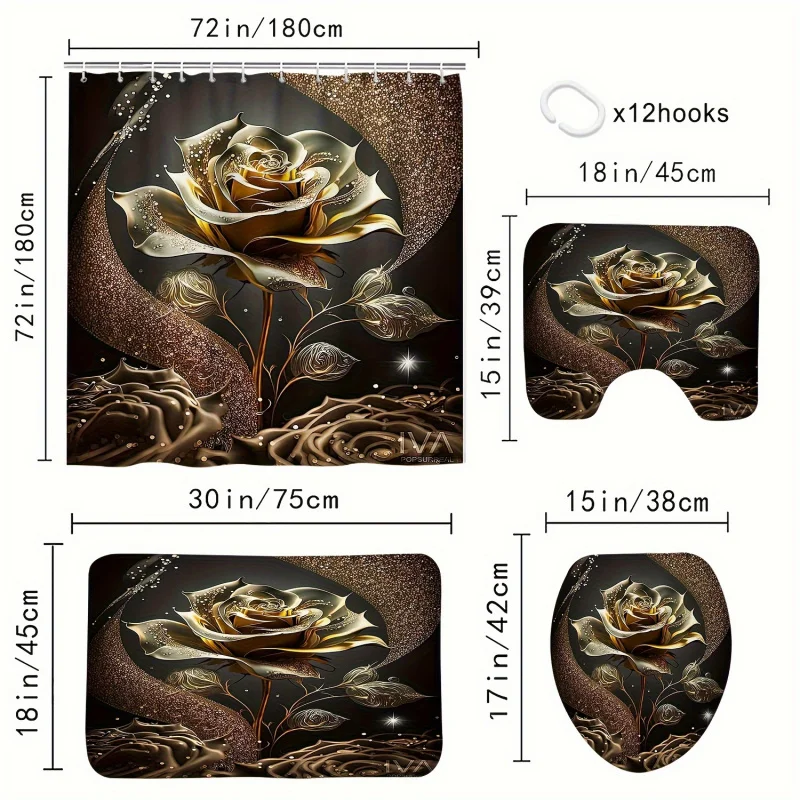 4pcs Golden Rose Printed Shower Curtain Set, Waterproof Shower Curtain With 12 Hooks, Non-Slip Rug, Toilet Lid Cover Pad And U-s