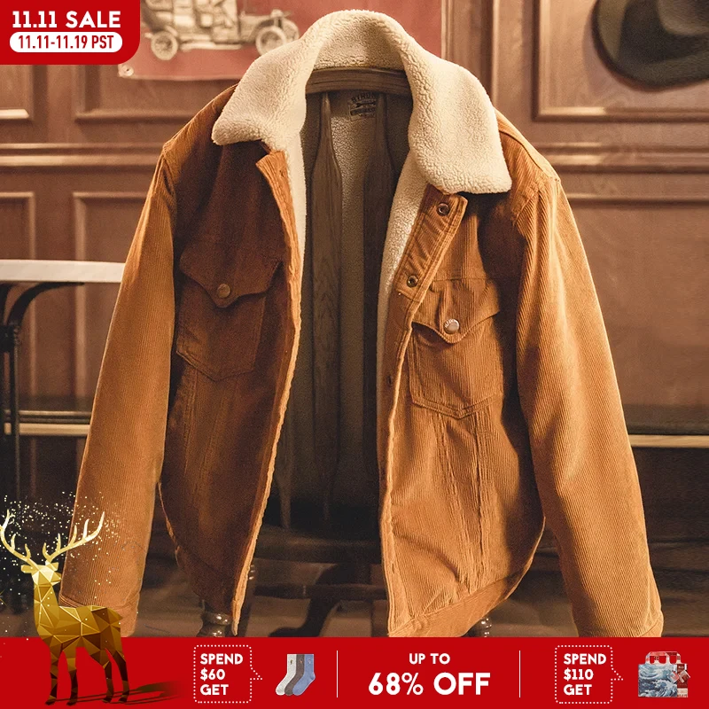 Maden Jaqueta masculina de veludo com imitação de lã de carneiro Outono inverno Gola dobrável fecho de um botão amarelo gengibre quente e reforçada jaqueta masculina para atividades ao ar livre estilo vintage masculino