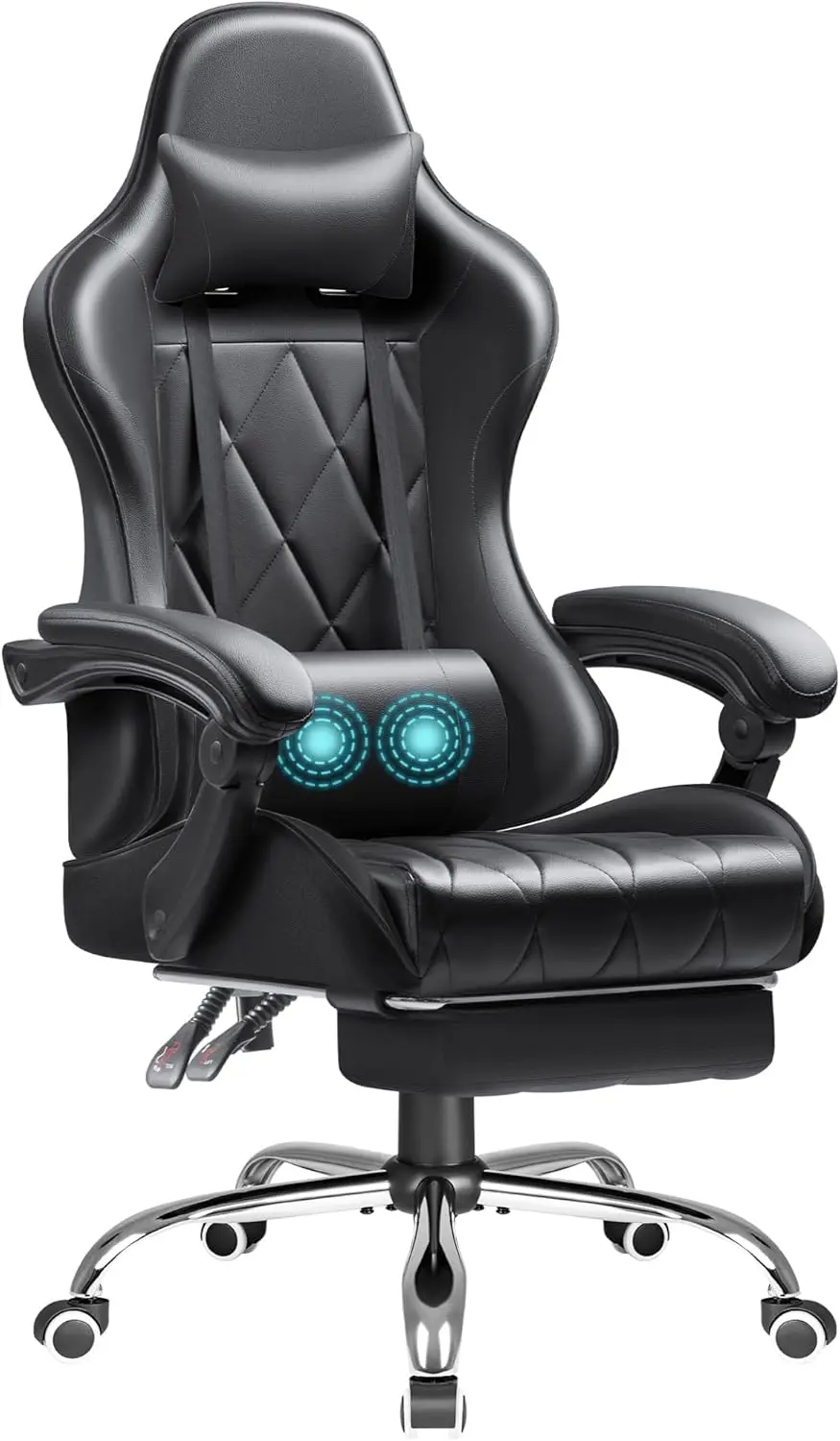 Ergonomic Gaming Chair with Footrest, Massage Lumbar Support, Adjustable Height and Headrest - Black
