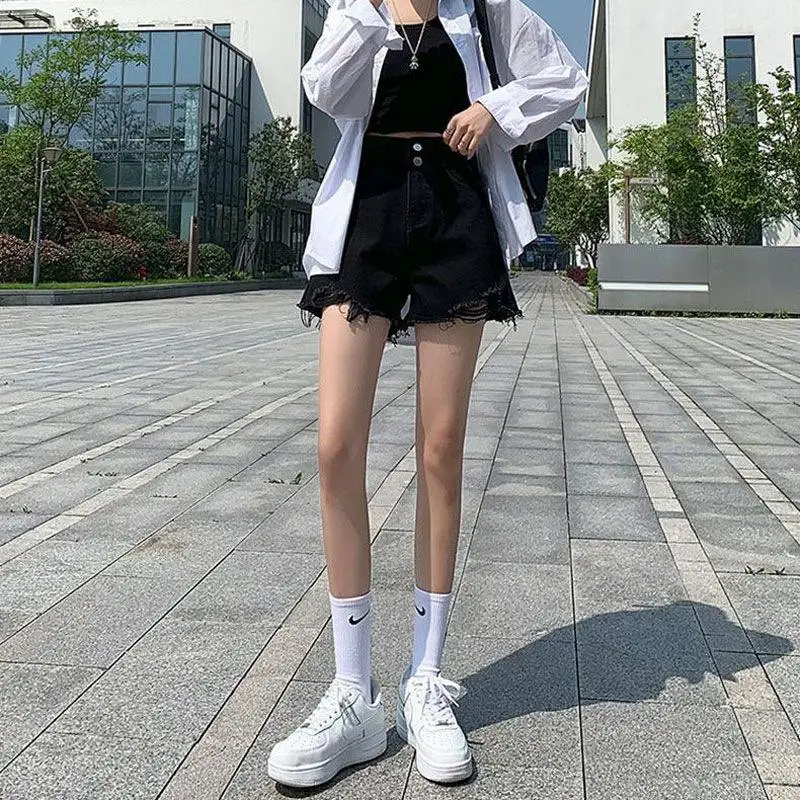 

High Waist Black Denim Shorts Women's Summer New Style Double Buckle Wide Leg Hot Pants Commute Style No Brand Registered Tra...