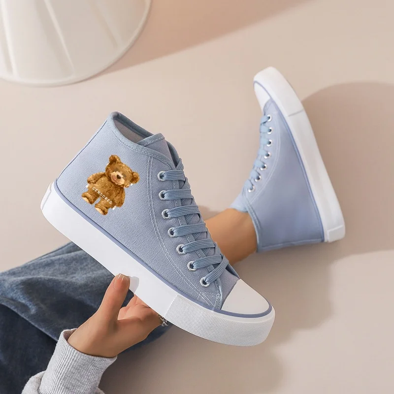 

Women's Light Blue Canvas High-Top Sneakers with Bear Embroidery: Chunky Platform & Lace-Up. Perfect for Daily & Campus Wear.