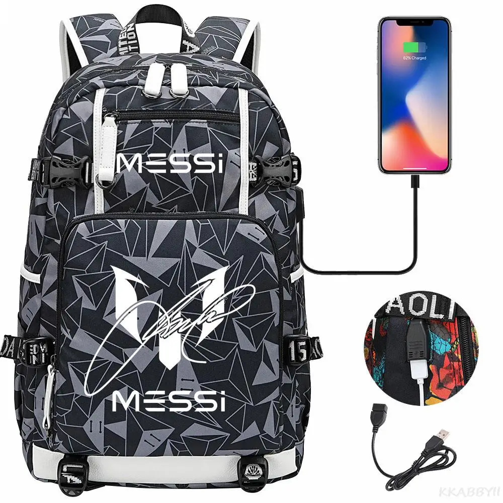 Messi USB Charging Backpack Schoolbag Travel Notebook Laptop Bags For Teens Students