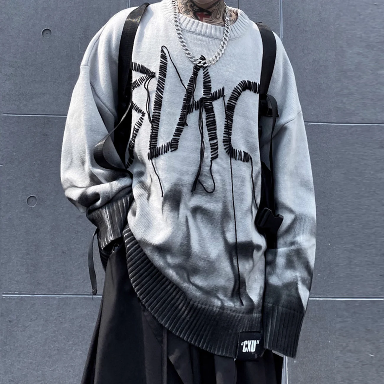 Tie Harajuku Dye Men Knitted Sweater Retro Embroidery Hip Hop Pullover Streetwear Sweater Oversize Loose Top