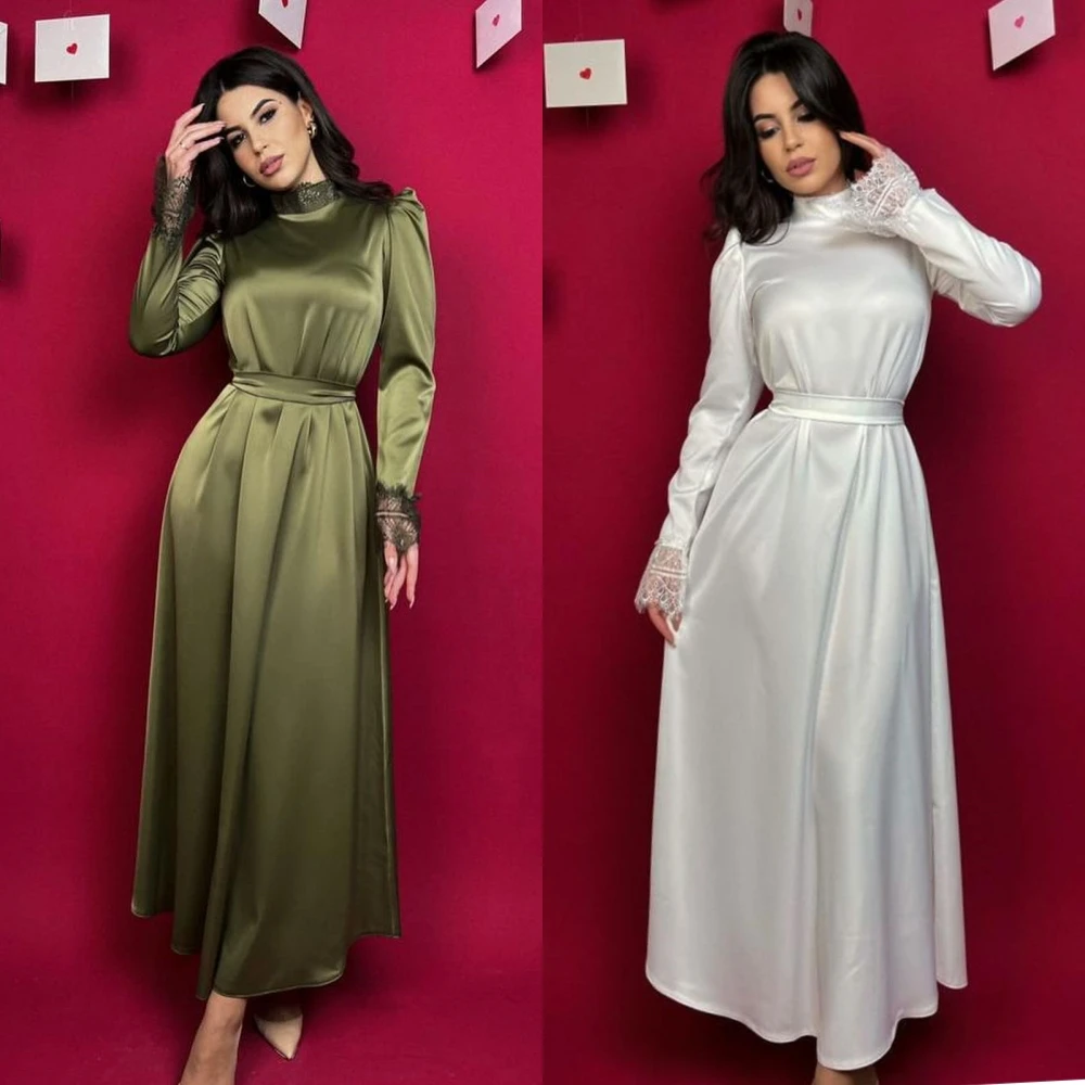 

Jiayigong High Quality Satin Draped Pleat Ruched Graduation A-line High Collar Bespoke Occasion Gown Long Sleeve Dresses