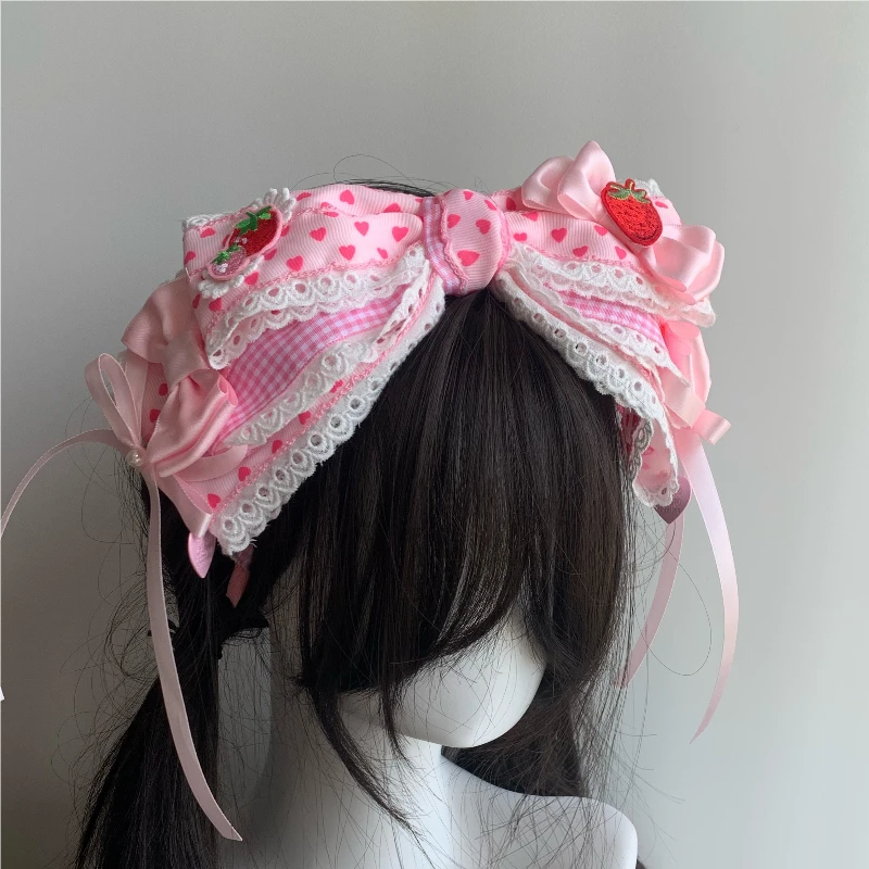 New Sweet Cute Lolita Oversized Bow Headband, Strawberry Love Doll‑Style Headdress Hair Accessory for Girls Daily Cosplay Party