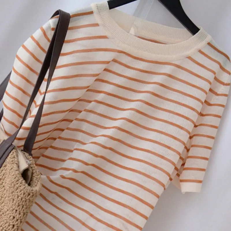 2023 Orange Stripe Short Sleeve T-shirt Women's Summer Thin Sweet Thin Top