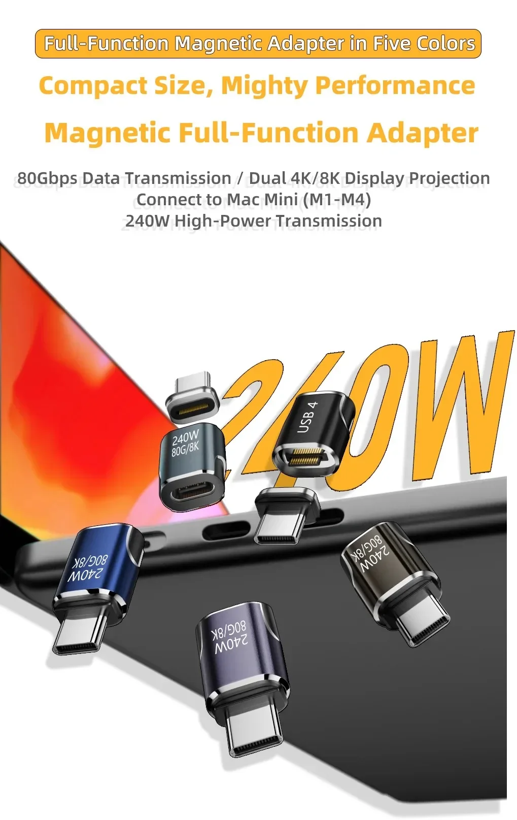PD 240w Full-Function Magnetic Adapter Type-C to USB 4.0 80gbps Transmission for iphone 1516 Samsung Audio Adapters