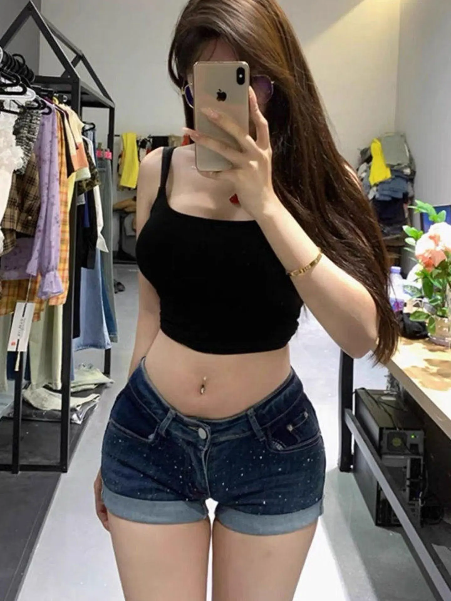 Low Waist Glittering Rhinestone Flip- Denim Shorts Women's Spring New Slimming Hot Pants American Sexy Spicy Girl Jeans