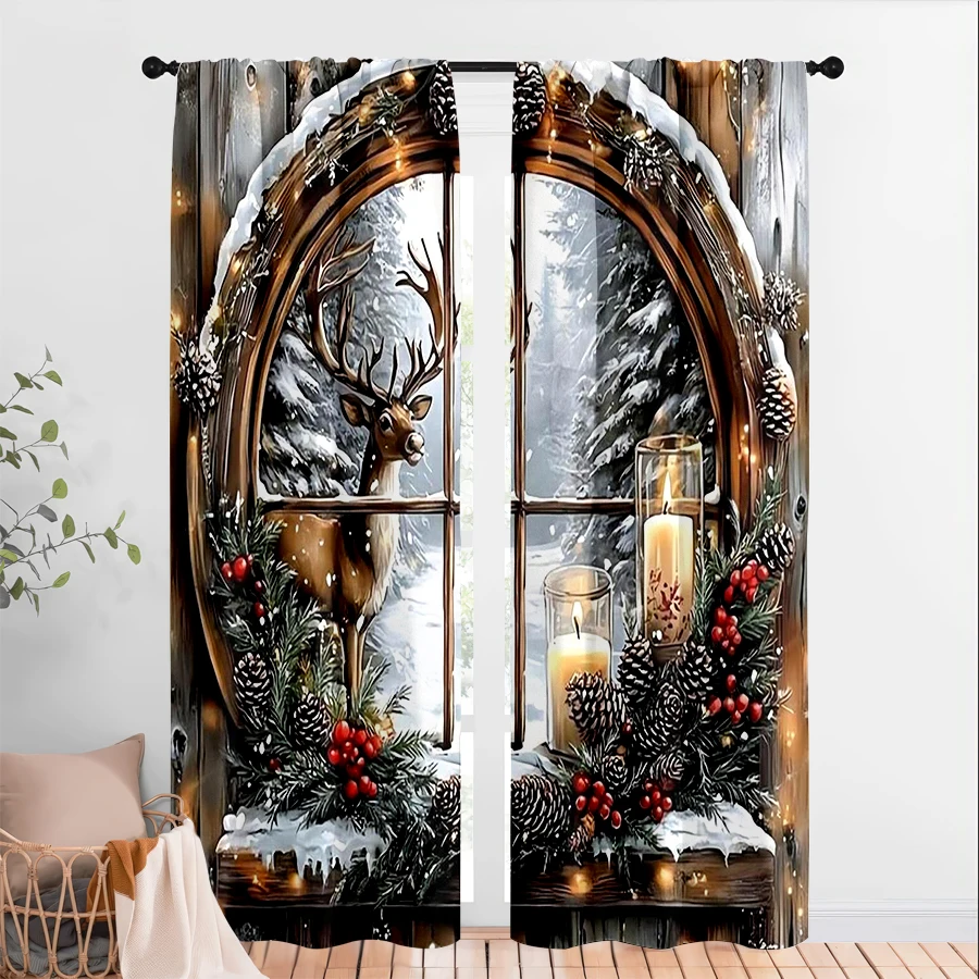 2PCS Digital Print Christmas Curtains, Arched Window Reindeer Candle Pinecone, Warm Country Window Drapes for Holiday Home Decor
