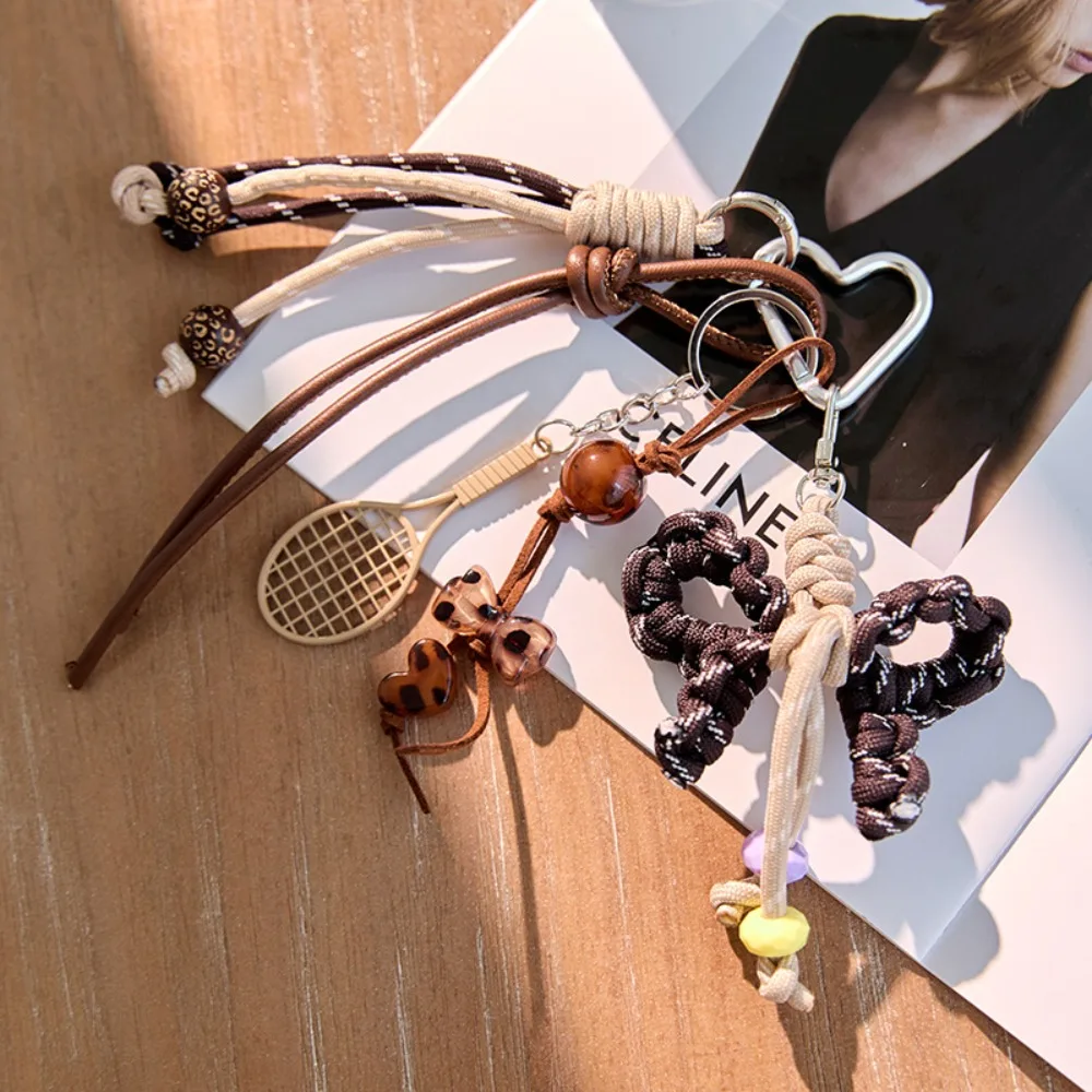 

Acrylic Beaded Mobile Phone Lanyards Racket Handmaking Woven Ropes Car Keychain Trinket Anti-Lost Braided Rope Keyring