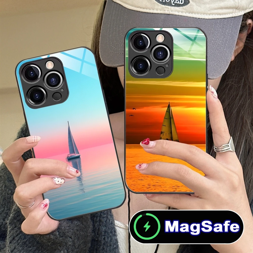 Casing ponsel lukisan perahu layar untuk iPhone 16 15 14 13 12 11 Pro Max Plus penutup kaca pengisi daya nirkabel MagSafe Mini